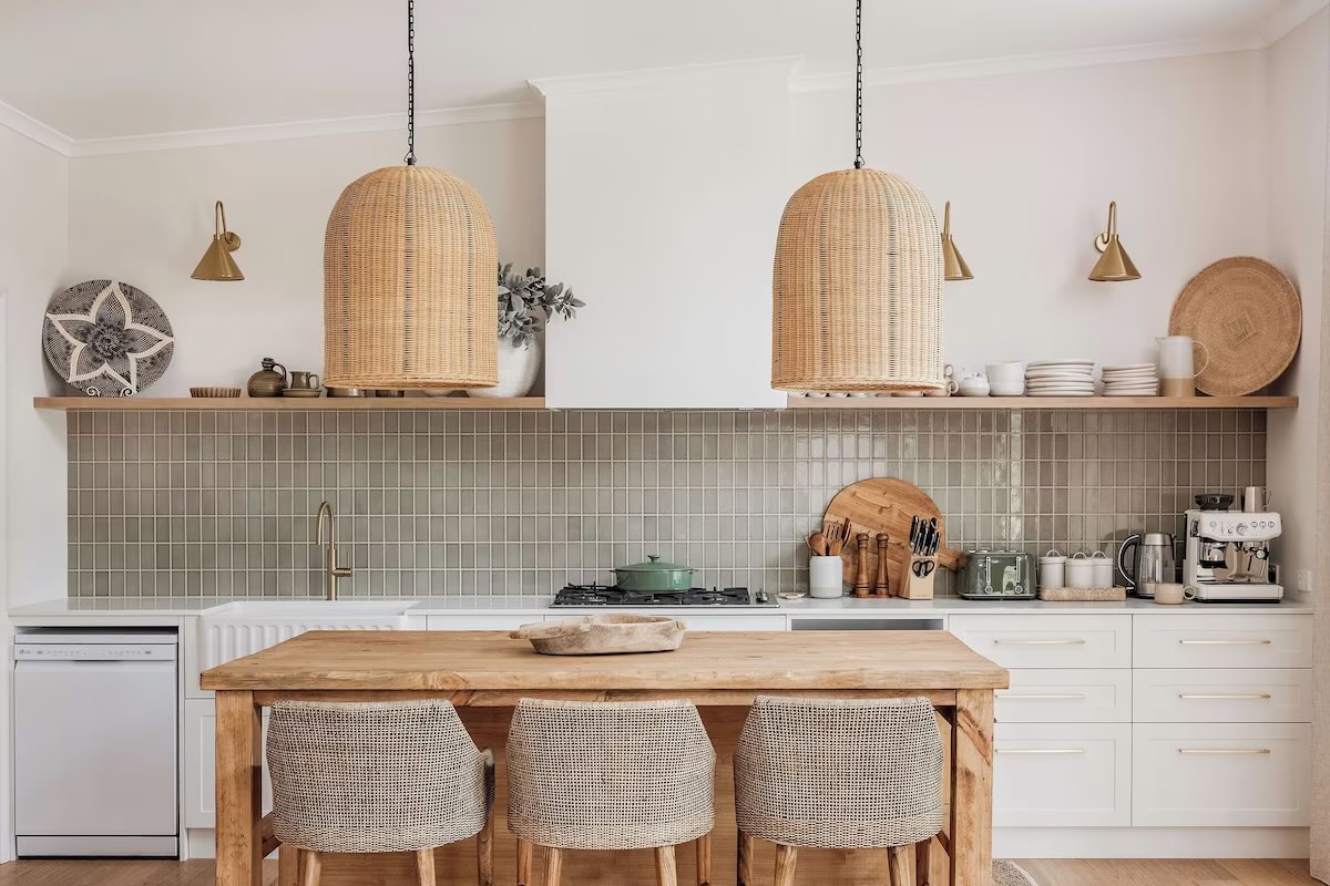 Modern kitchen with wooden island and rattan lights
